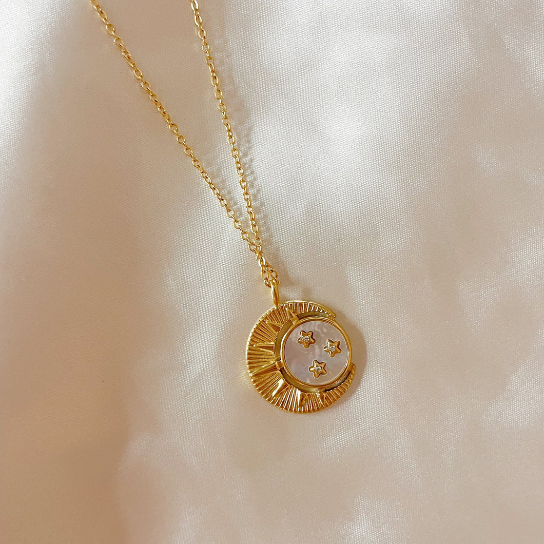 sun and moon pendant - gold necklaces to wear in the spring - gold necklaces to wear year round